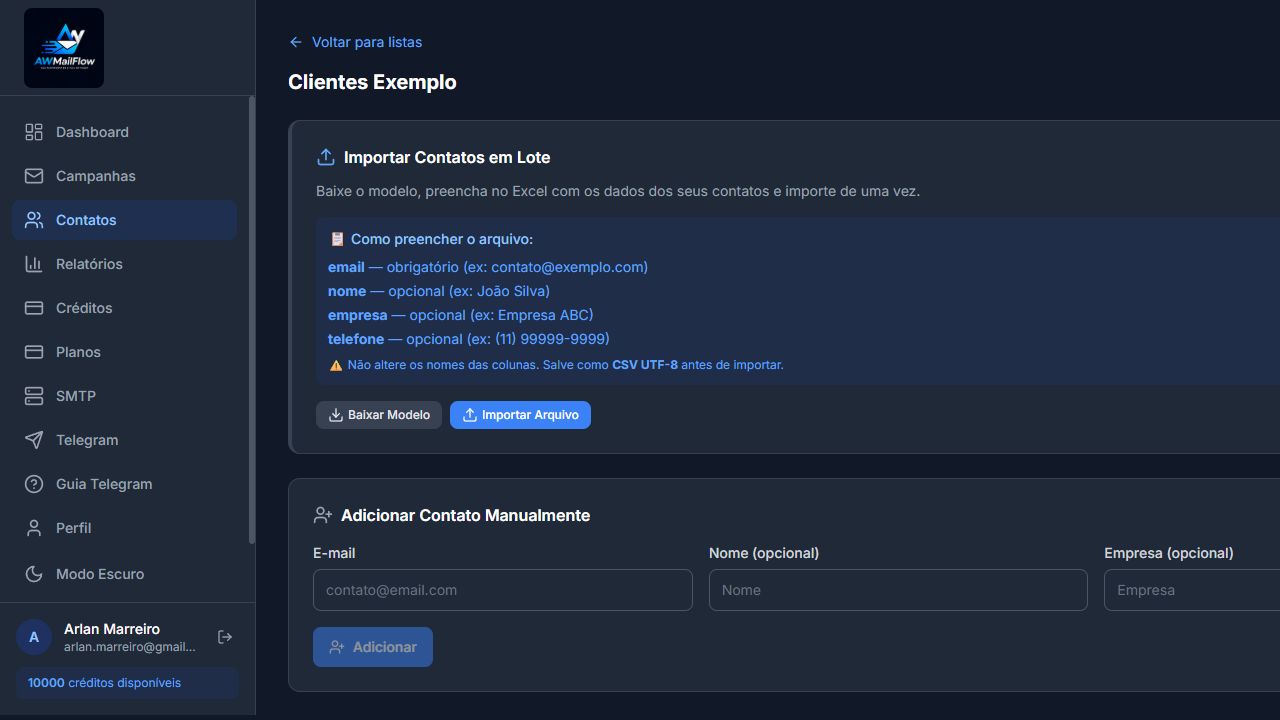 Importação de contatos do AWMailFlow