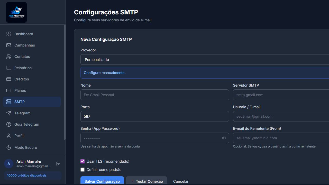 Configuração de SMTP do AWMailFlow